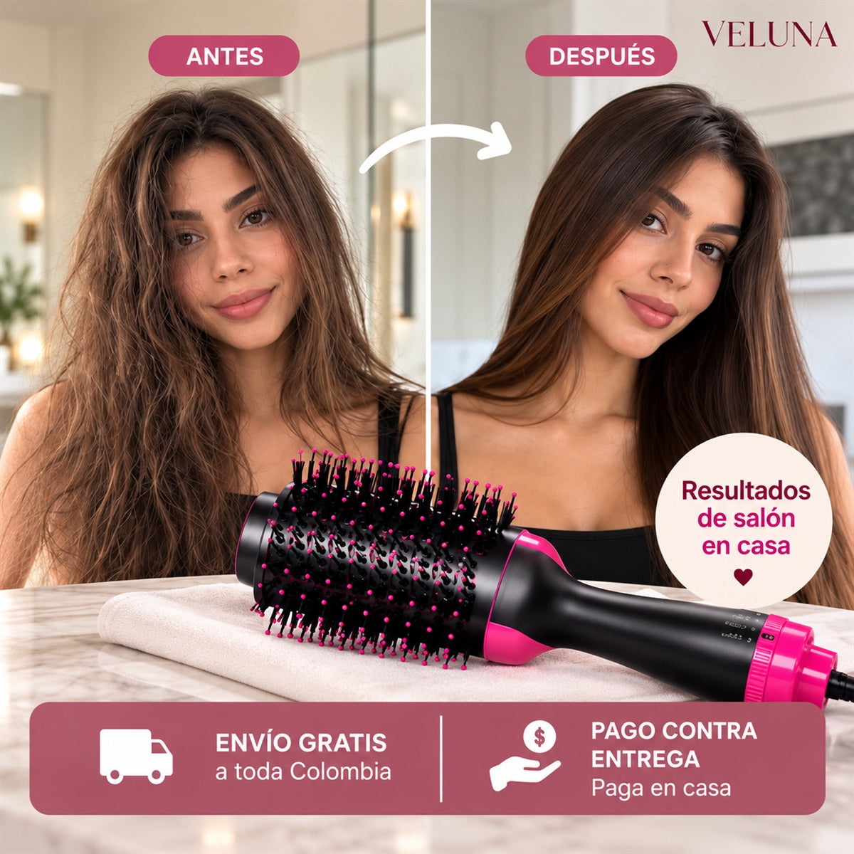 Cepillo Secador 3 en 1 – Seca, Alisa y Da Volumen en un Solo Paso
